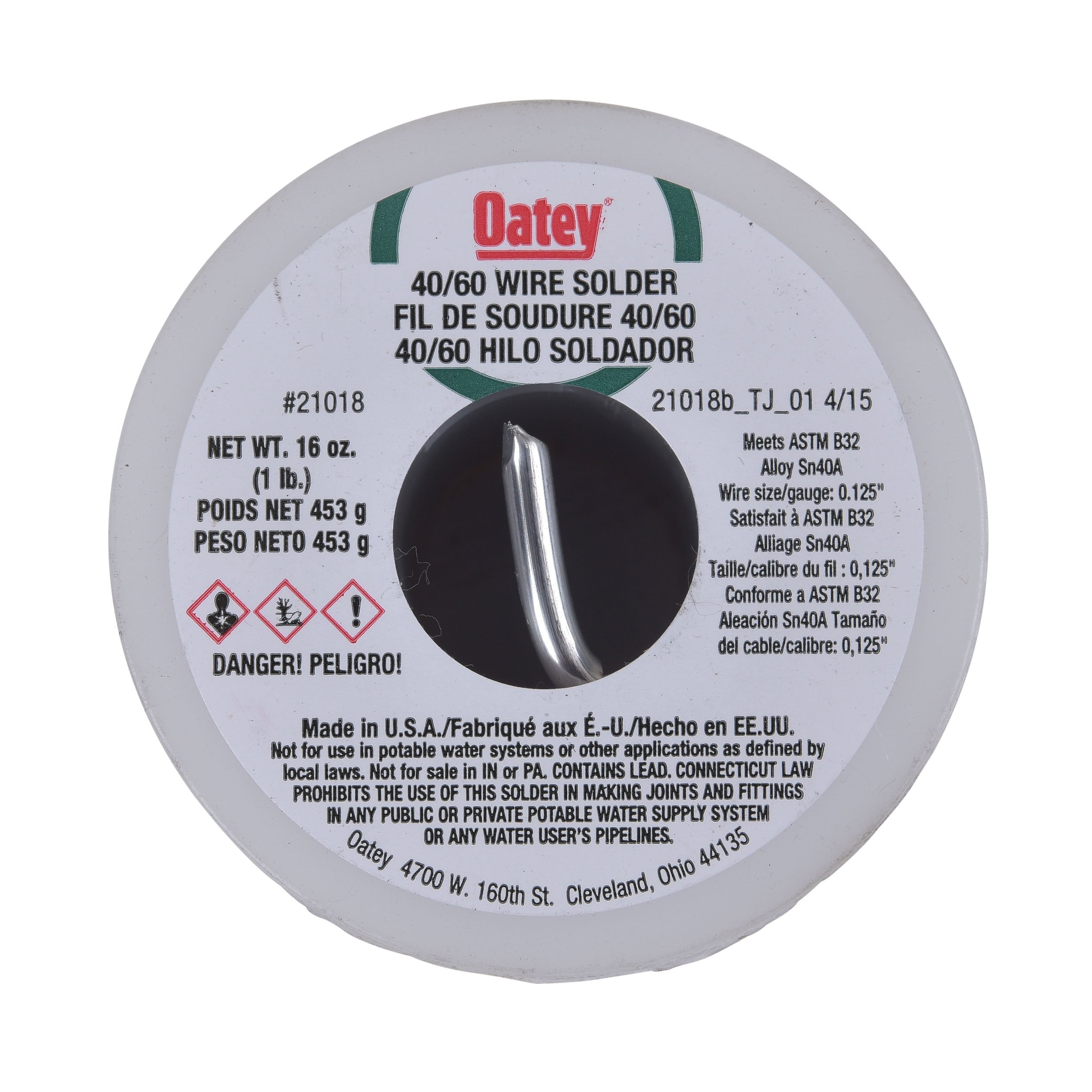 Oatey 21018 solder joint application image demonstrates use on copper DWV and sheet metal.