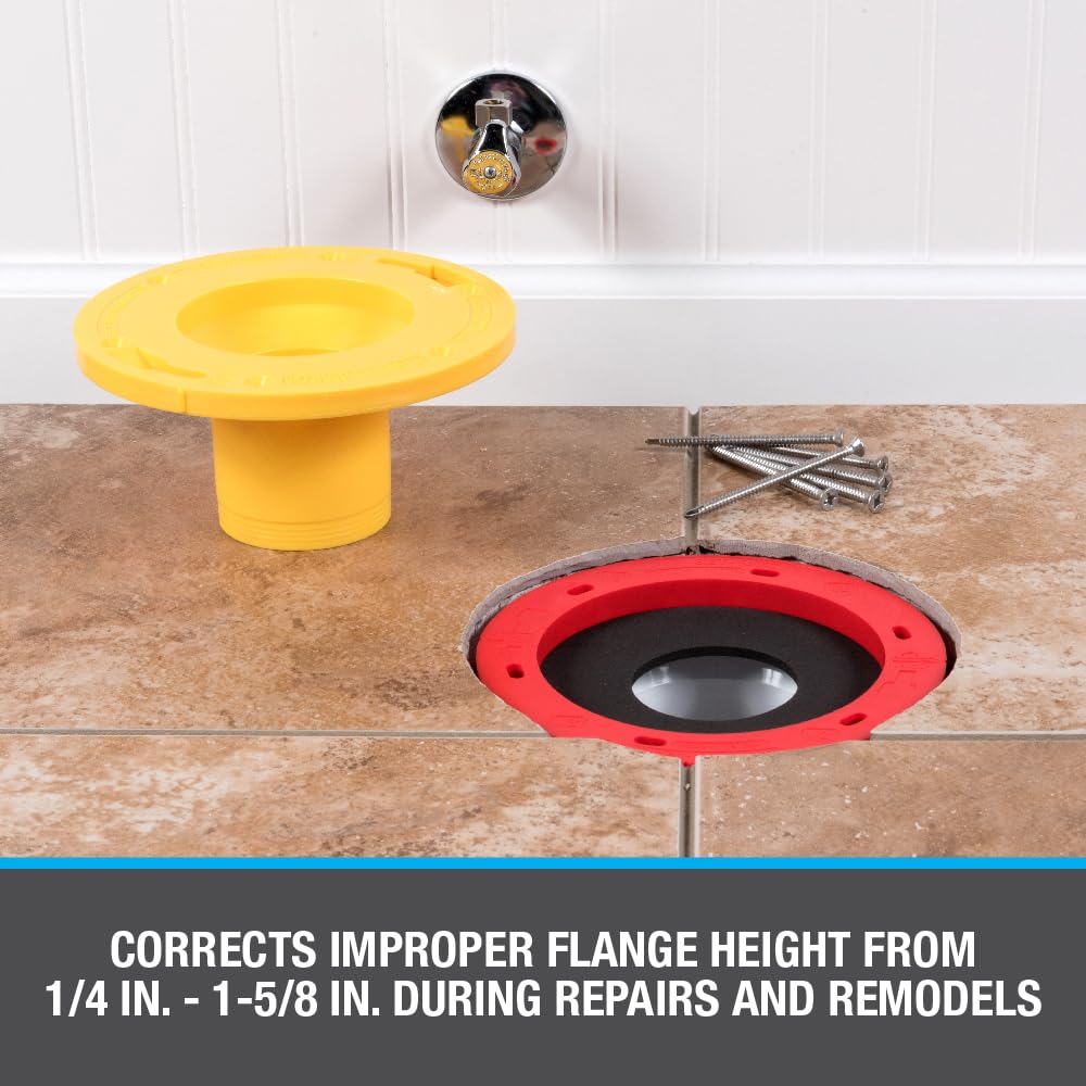 Oatey flange extender in use showing raised flange on bathroom floor