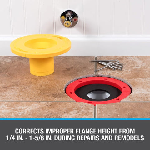 Oatey flange extender in use showing raised flange on bathroom floor