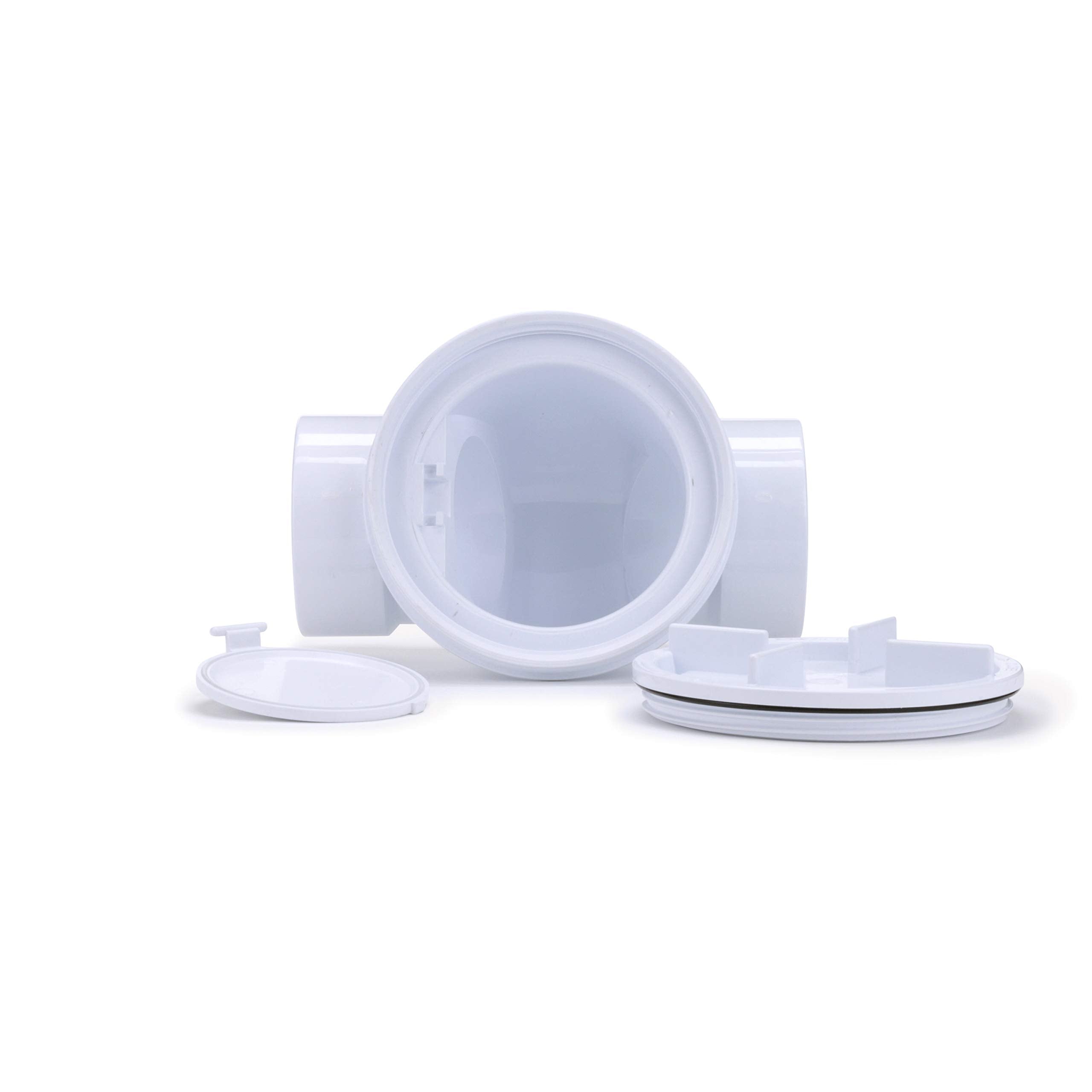 Oatey PVC backwater valve threaded-cap close-up with neoprene seal for positive sealing by hand