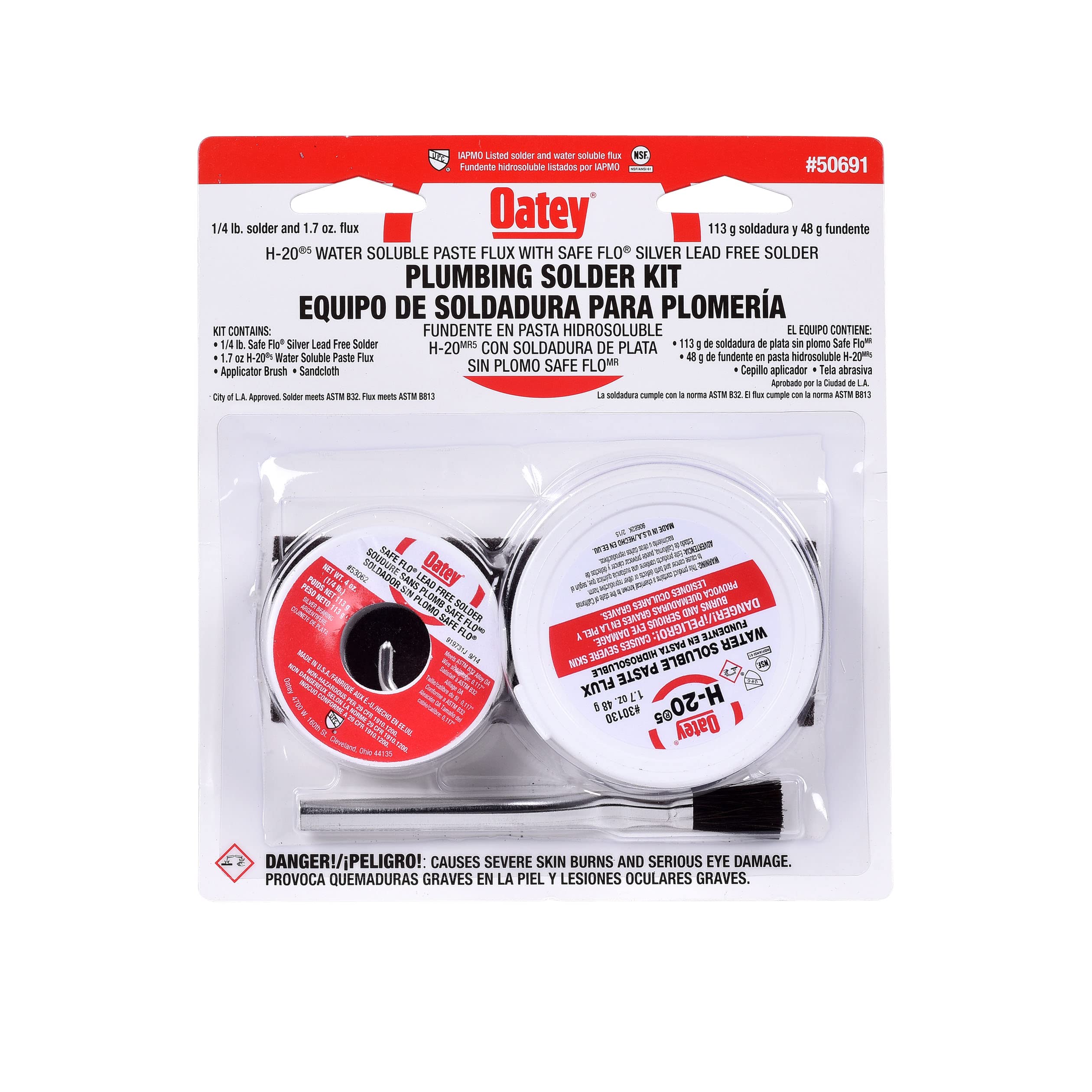 Oatey Safe-Flo solder kit with solder wire for reliable copper pipe joints.