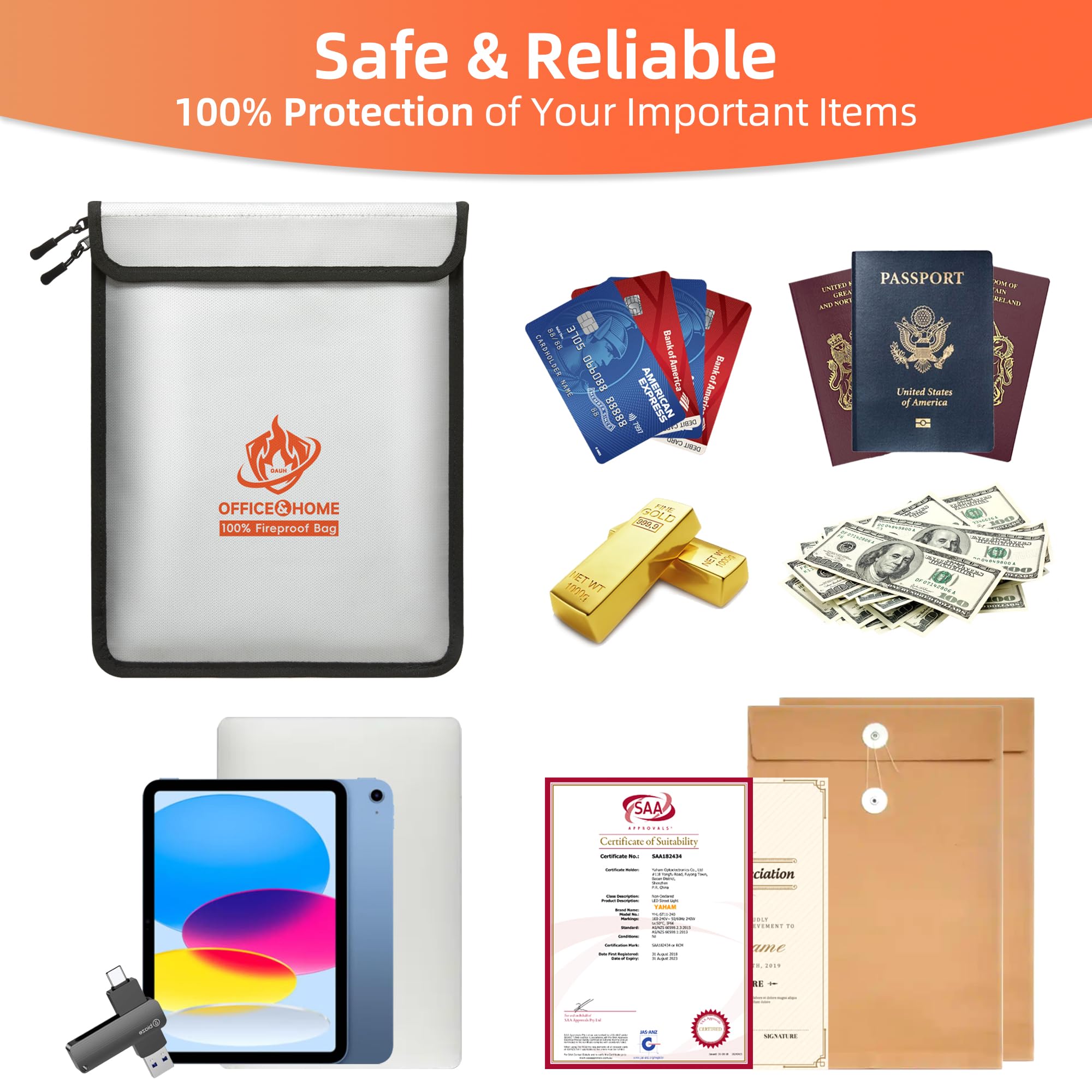 OAUH fireproof bag large capacity suitable for passports, certificates, cash, and photos.
