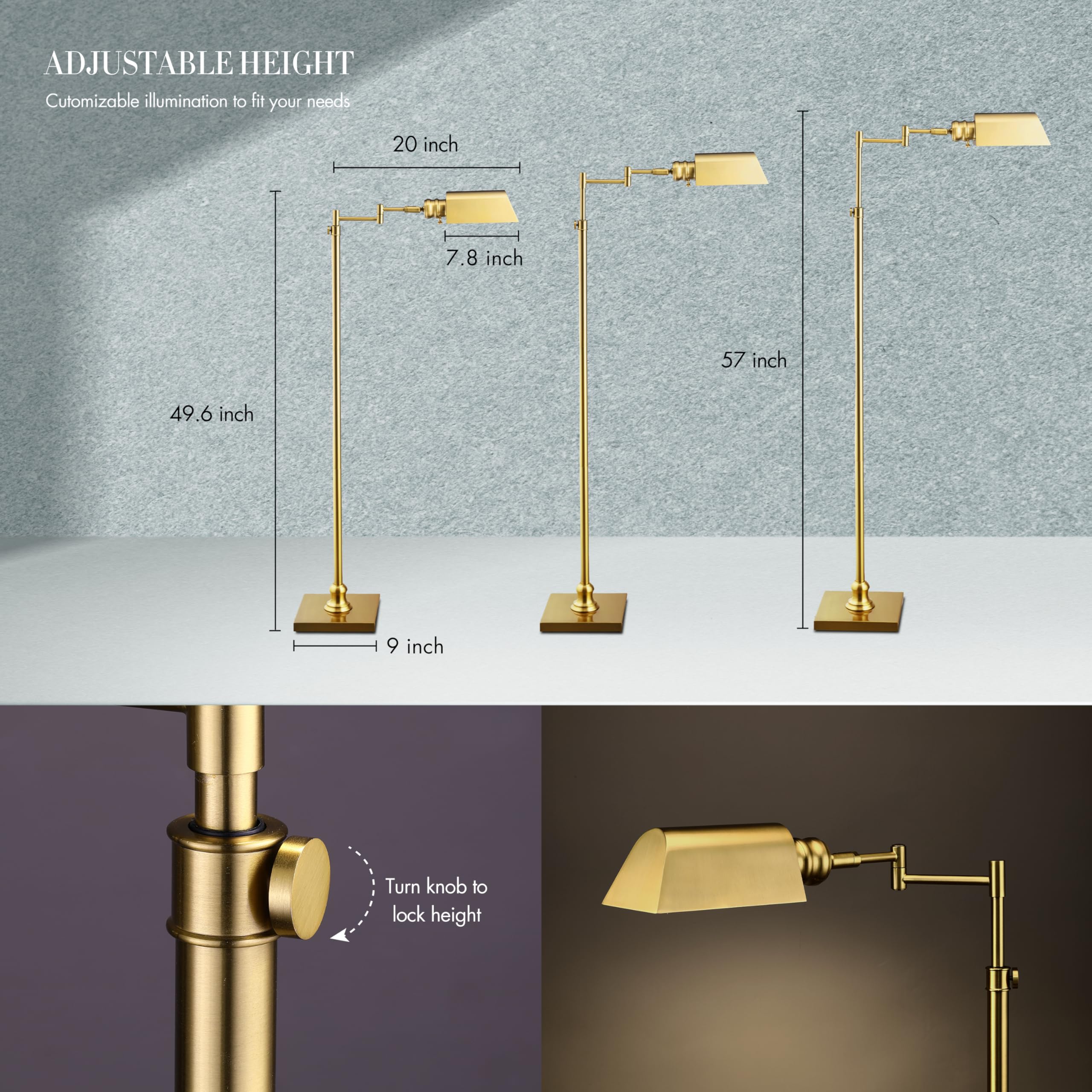 O’Bright Arcadia height-adjustable lamp from 47 to 55 inches fits diverse spaces.
