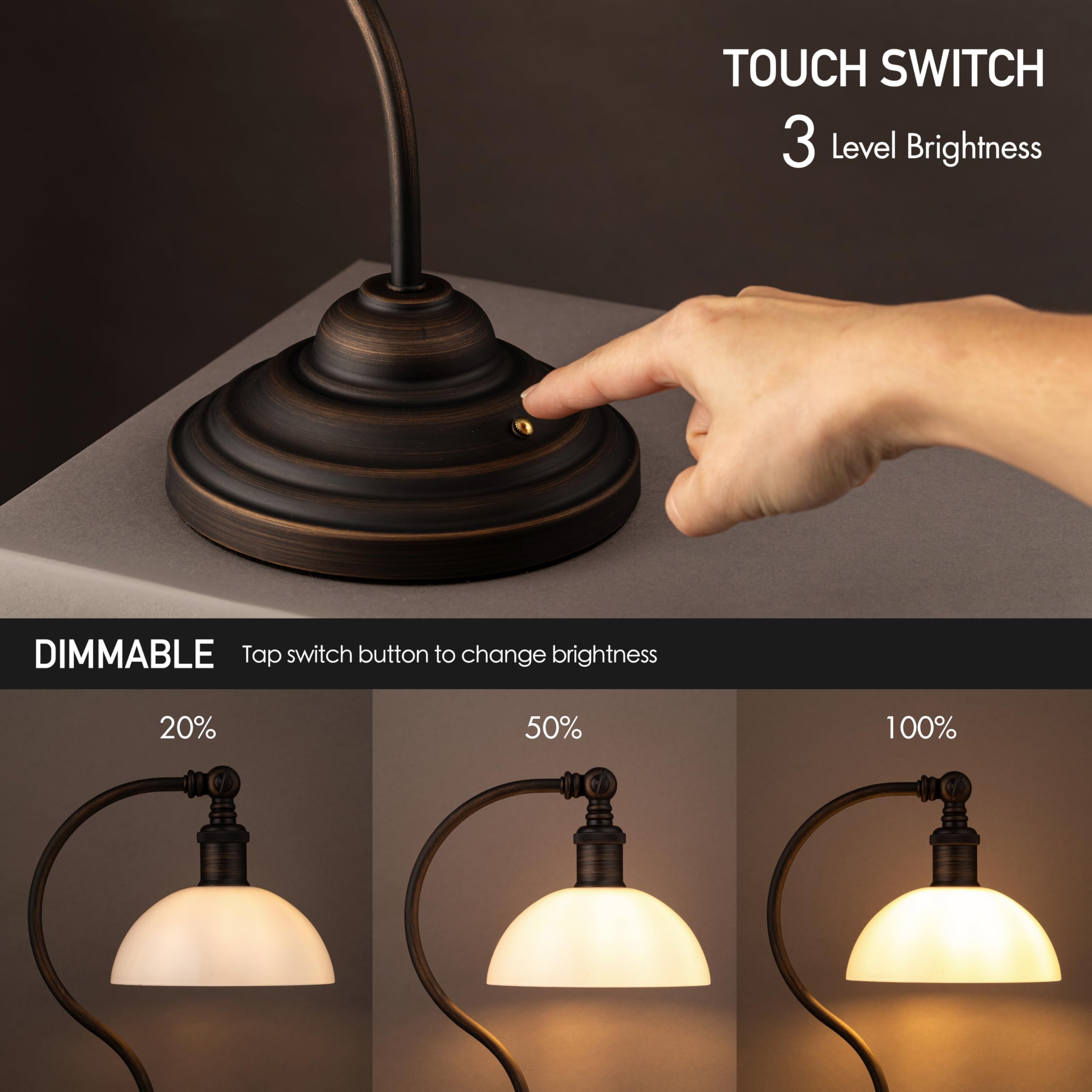 O'Bright Bankers cordless lamp swivel head enables precise task lighting for reading.