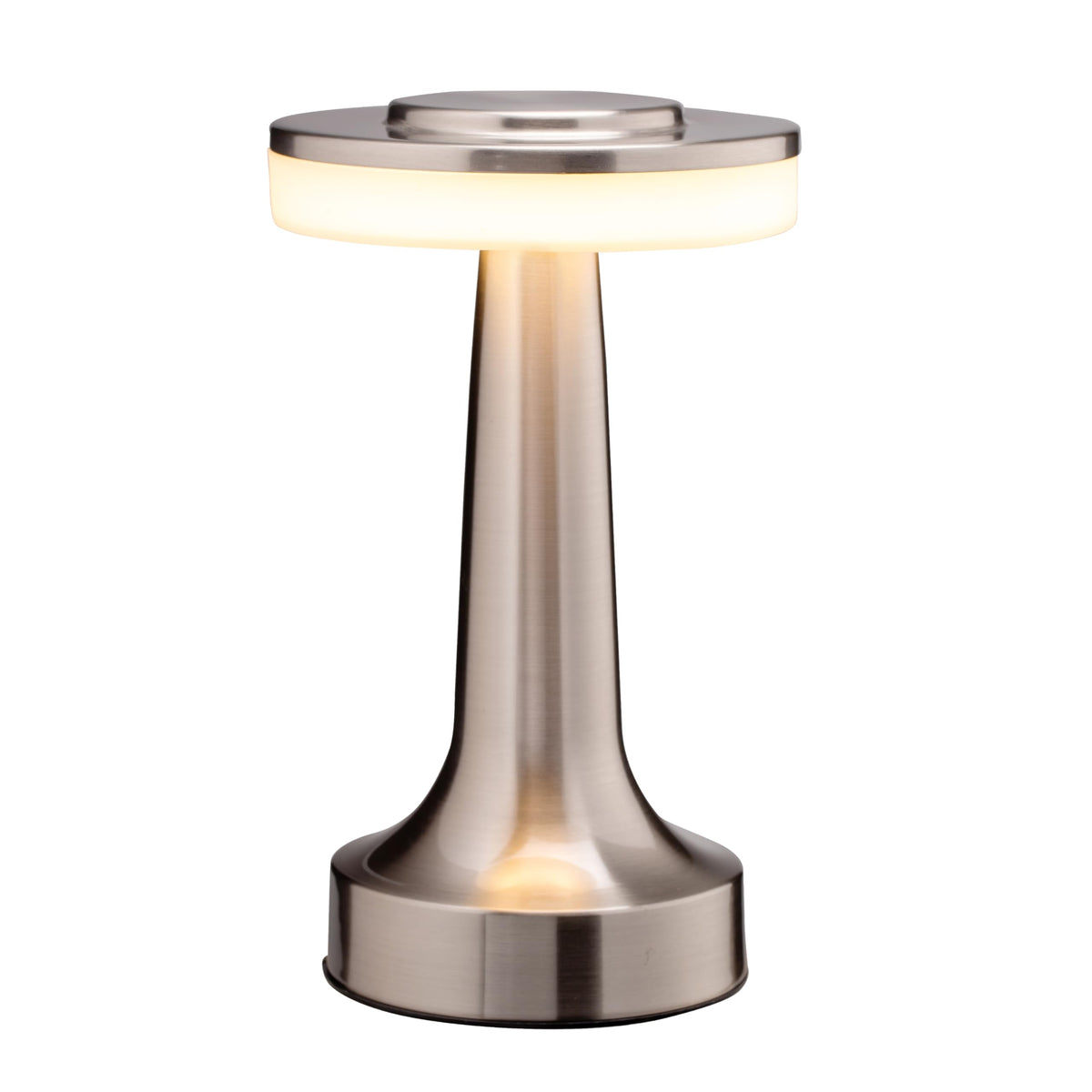 O’Bright portable LED table lamp in silver provides flexible bedside lighting.