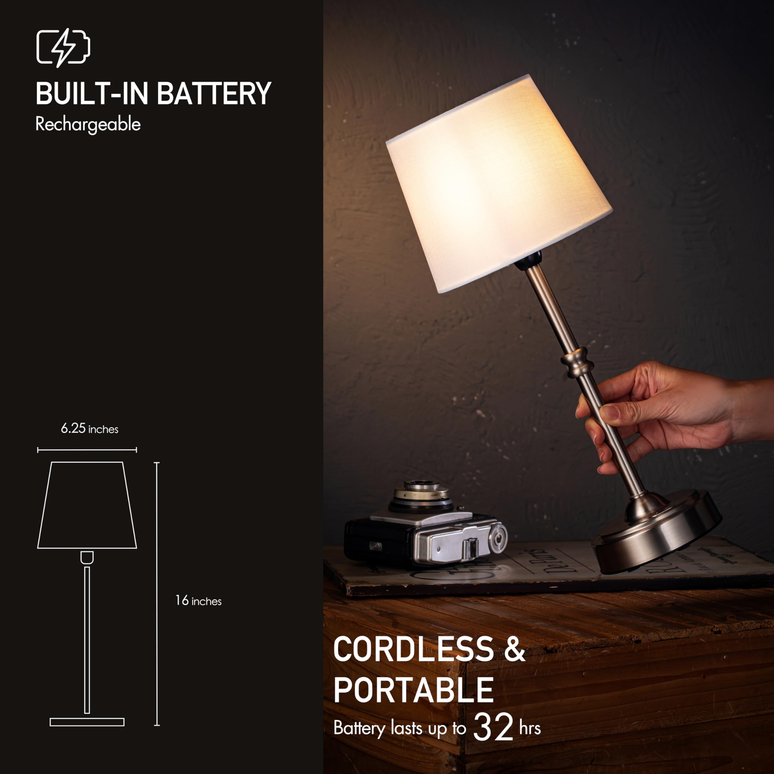 O'Bright Seraph built-in battery enabling portable lighting without cords