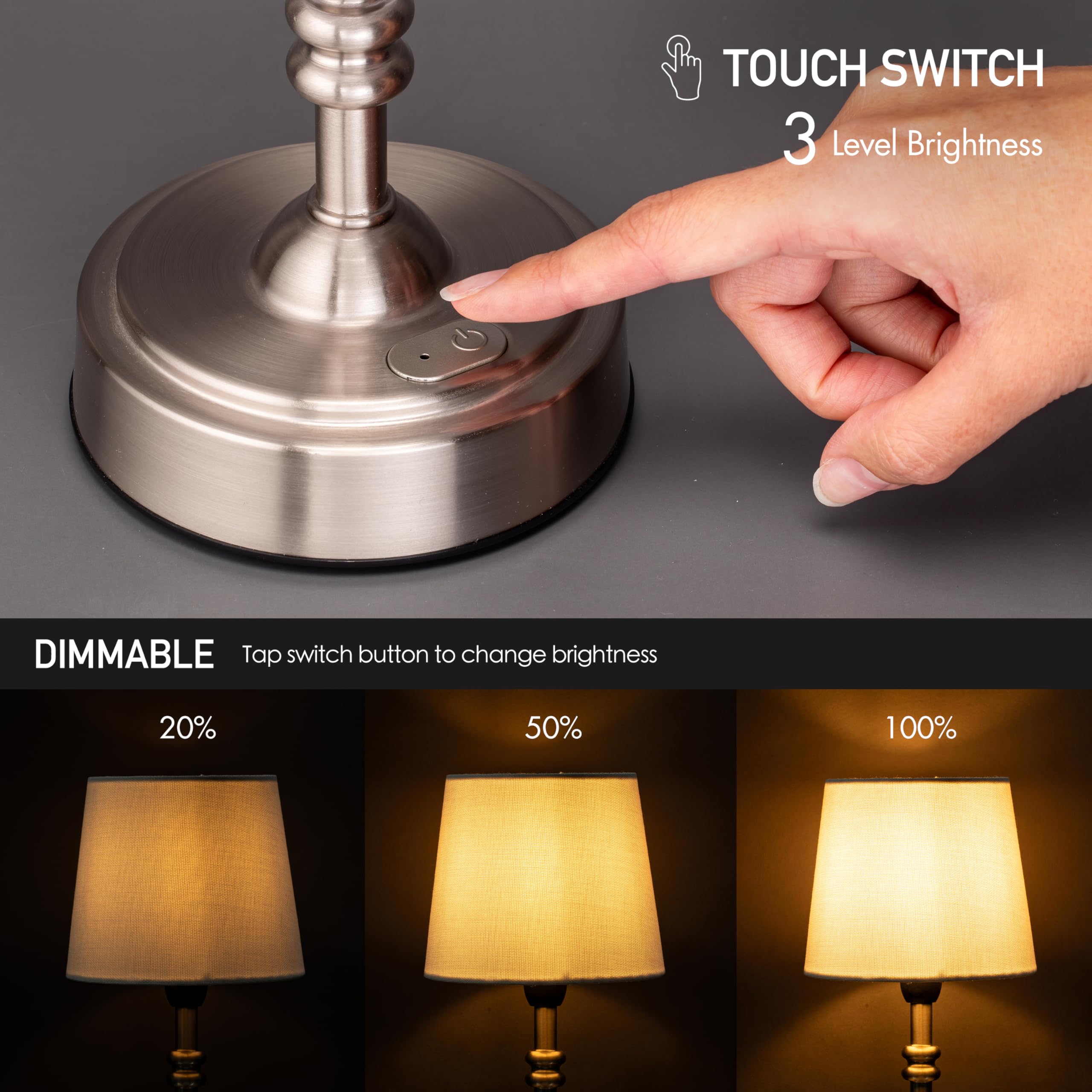 O'Bright Seraph mini demonstrating three brightness levels for ambiance or task lighting.