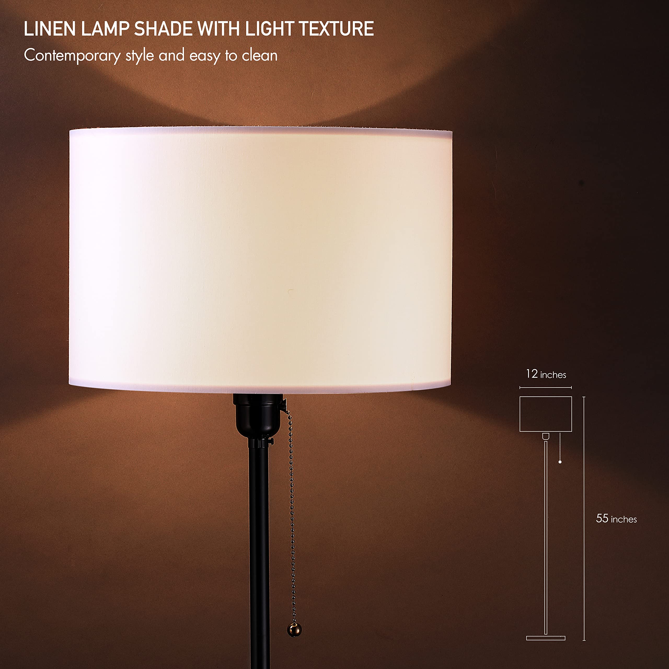 O'Bright Ted 55-inch tall lamp with stable 12-inch base for secure placement.