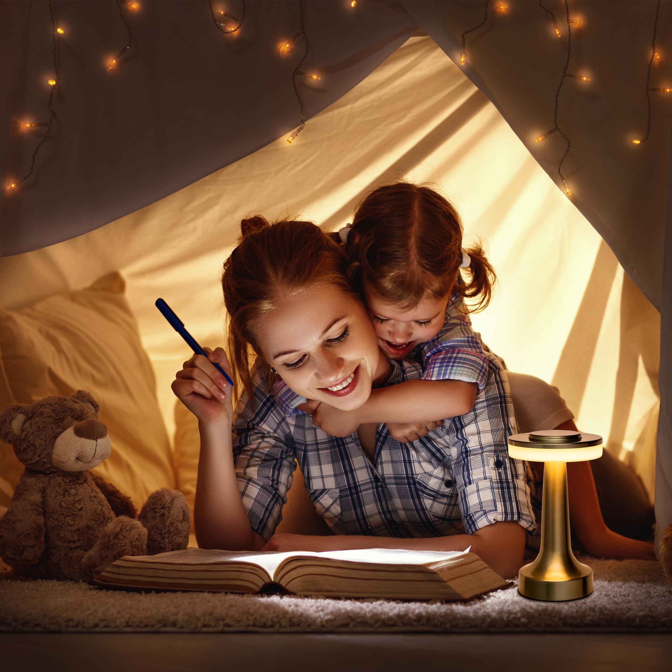 O’Bright versatile lamp on a nightstand emits a gentle, warm glow.