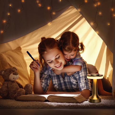 O’Bright versatile lamp on a nightstand emits a gentle, warm glow.