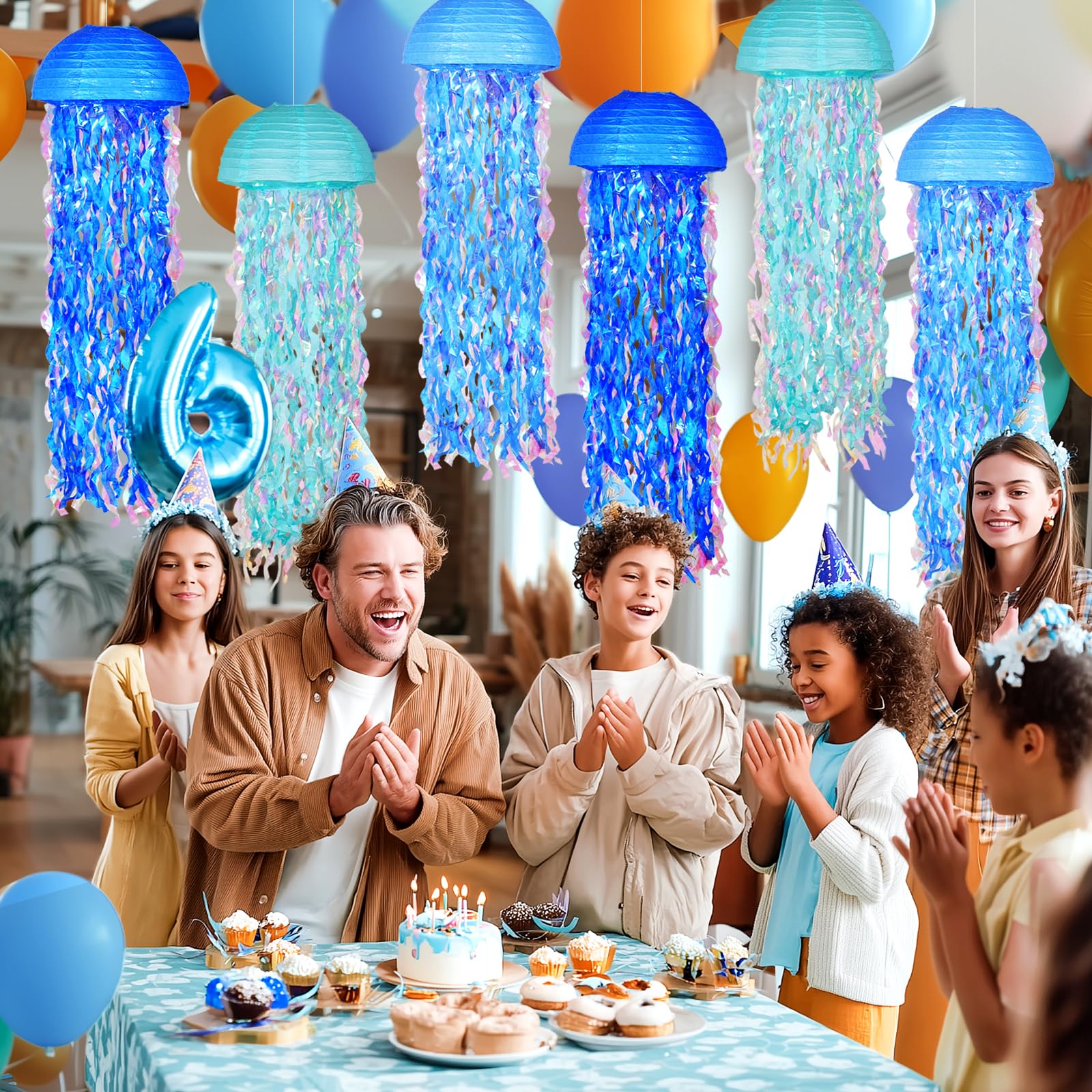 OBXT 10-inch blue jellyfish lanterns create a dreamy ocean backdrop for photos