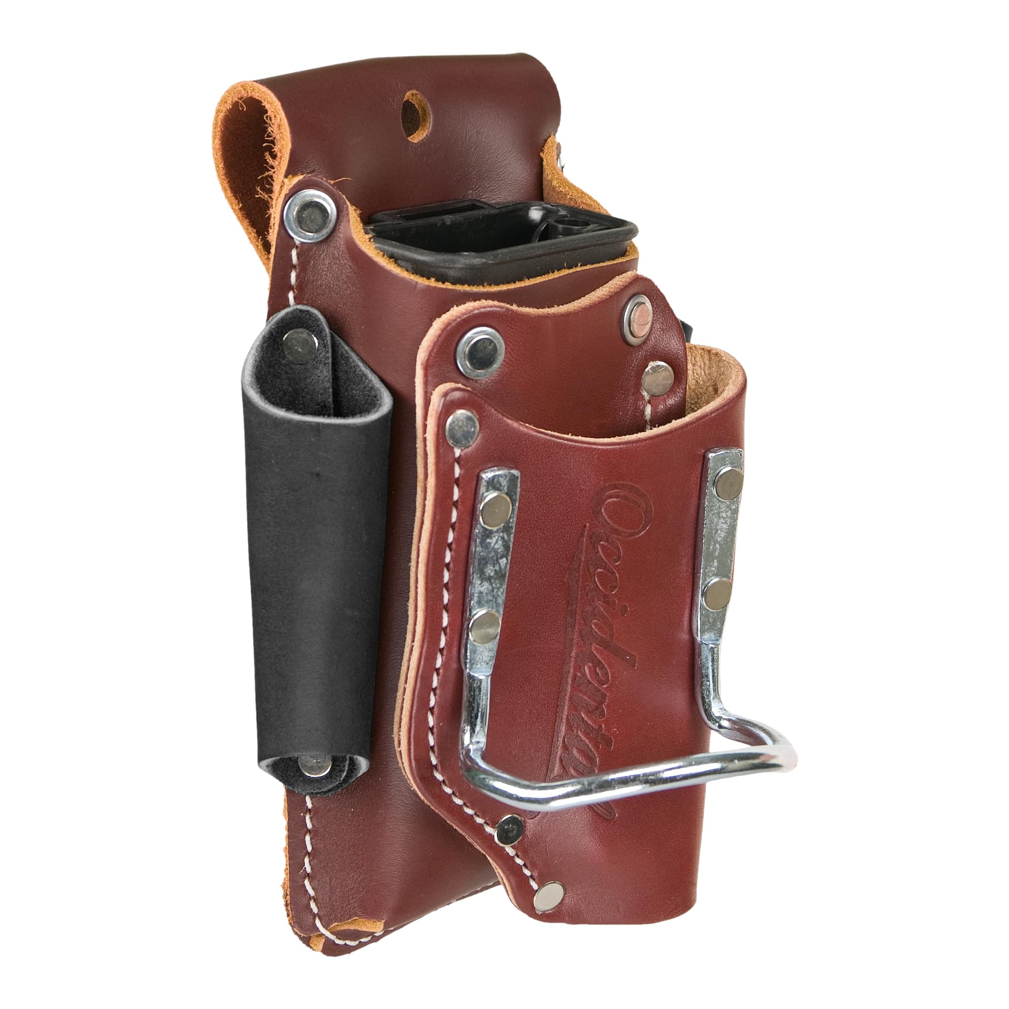 Occidental Leather 5-in-1 tool holder on belt showcasing rugged, USA-made craftsmanship.