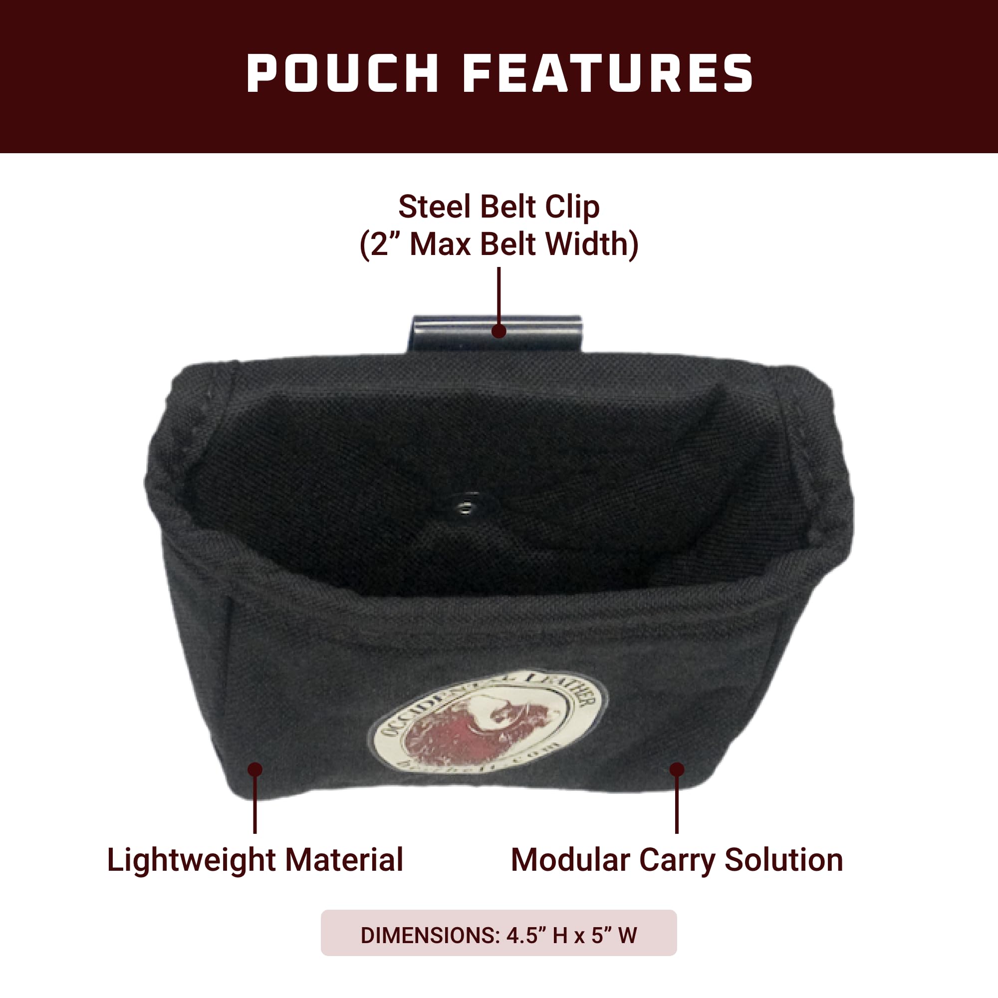 Occidental Leather clip-on pouch compact 5x4.5 inches for storage versatility.