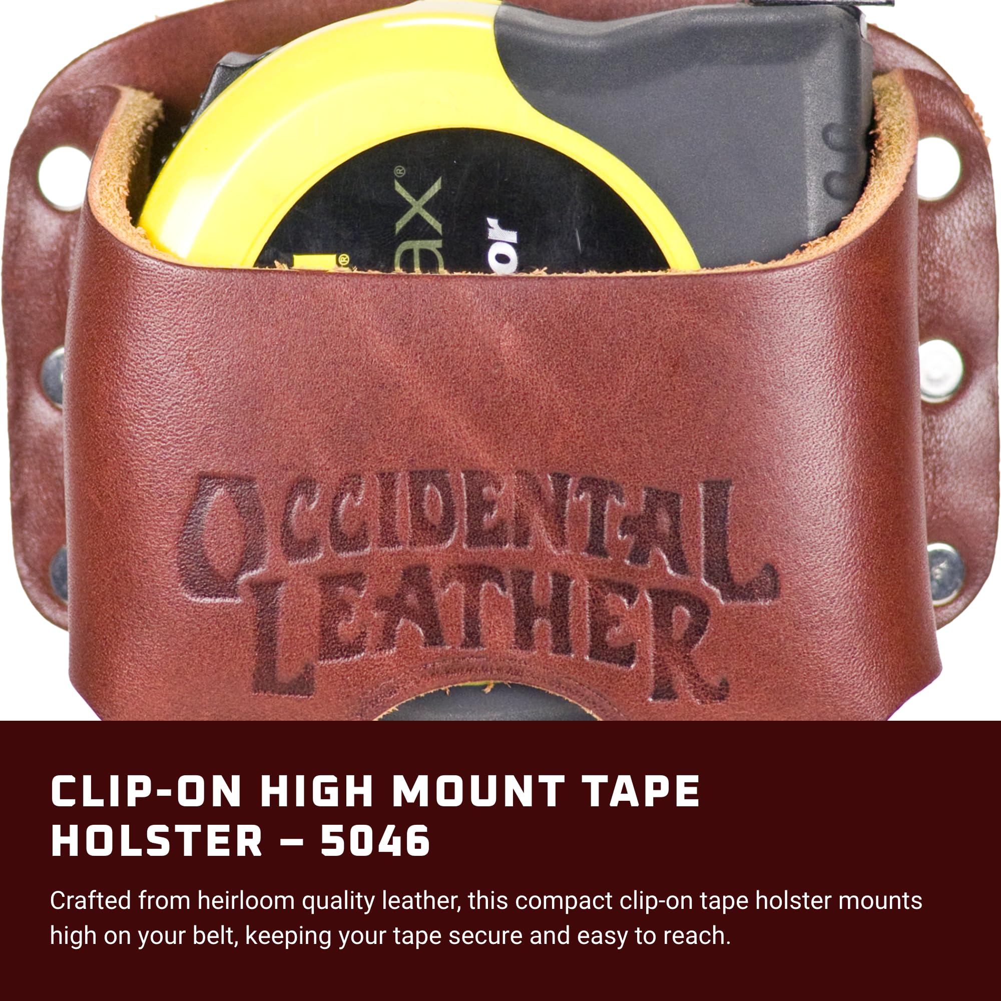 Occidental Leather clip-on holster shows 30 ft capacity for quick layout tasks.