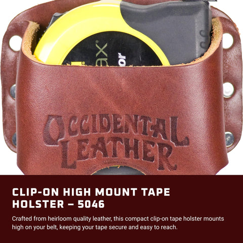 Occidental Leather clip-on holster shows 30 ft capacity for quick layout tasks.