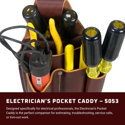 Five-pocket layout of Occidental Leather caddy enables fast tool selection