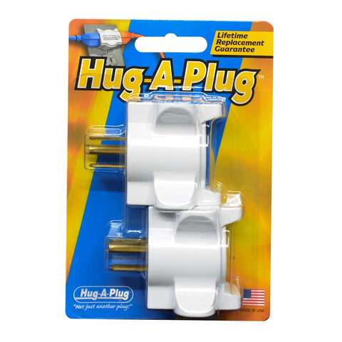 OCEMY Hug-A-Plug grounded right-angle adapter in white for space-saving outlets behind furniture.