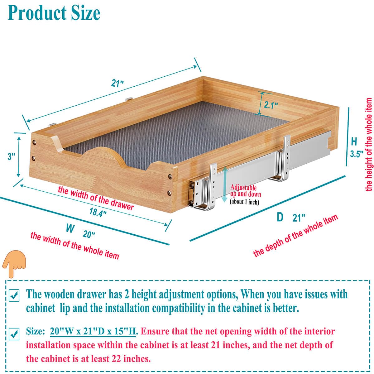 OCG pull out cabinet organizer full-extension drawer for easy reach.