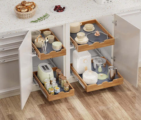 OCG pull out cabinet organizer installed in-cabinet highlighting smooth, quiet slides.