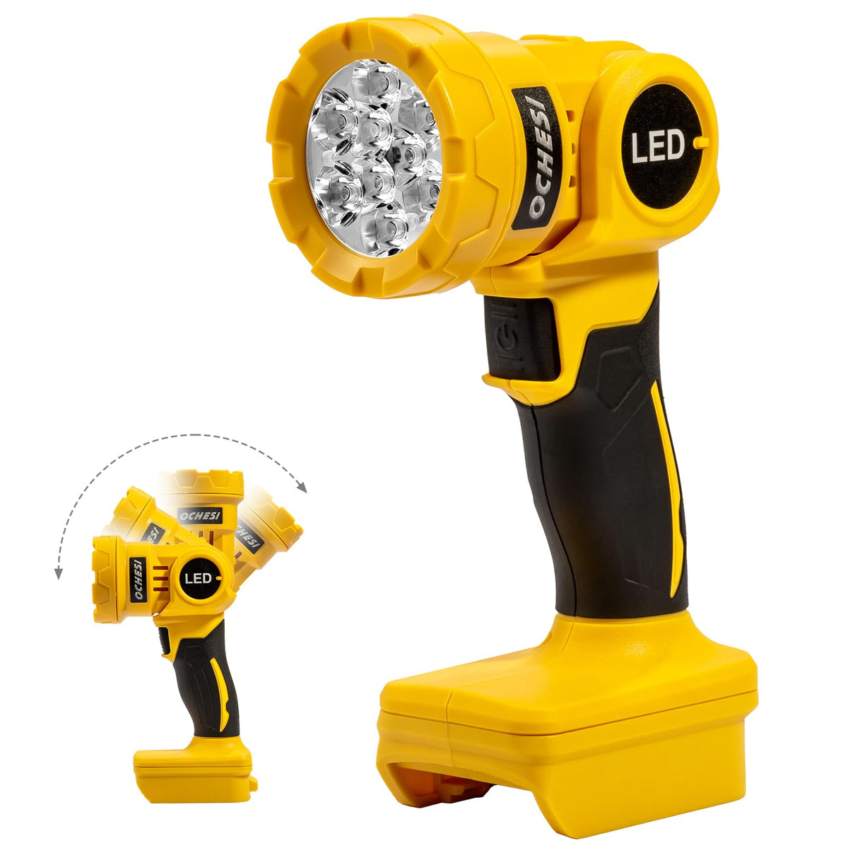 OCHESI cordless LED work light with 140-degree rotating head for precise illumination.