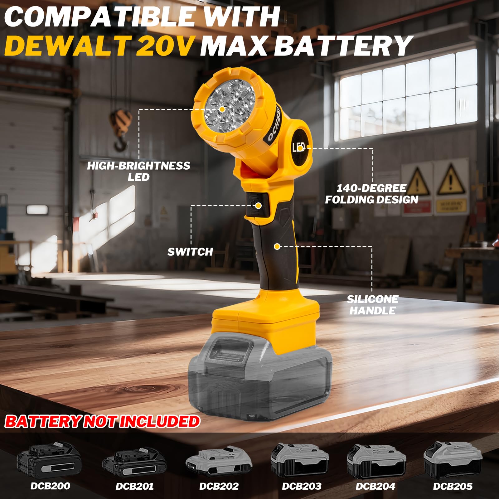 OCHESI work light compatible with DeWALT 20V MAX batteries for versatile power.