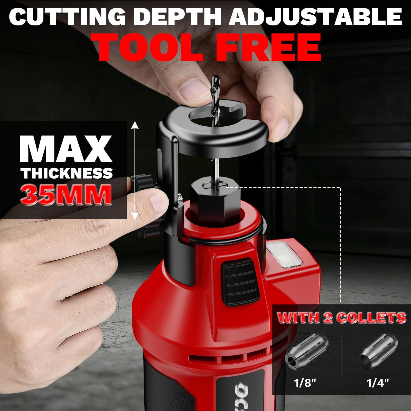 OCHESI dual chucks for 1/8 and 1/4 inch bits enabling versatile drilling and cutting.