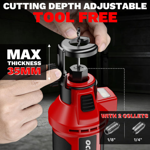 OCHESI dual chucks for 1/8 and 1/4 inch bits enabling versatile drilling and cutting.