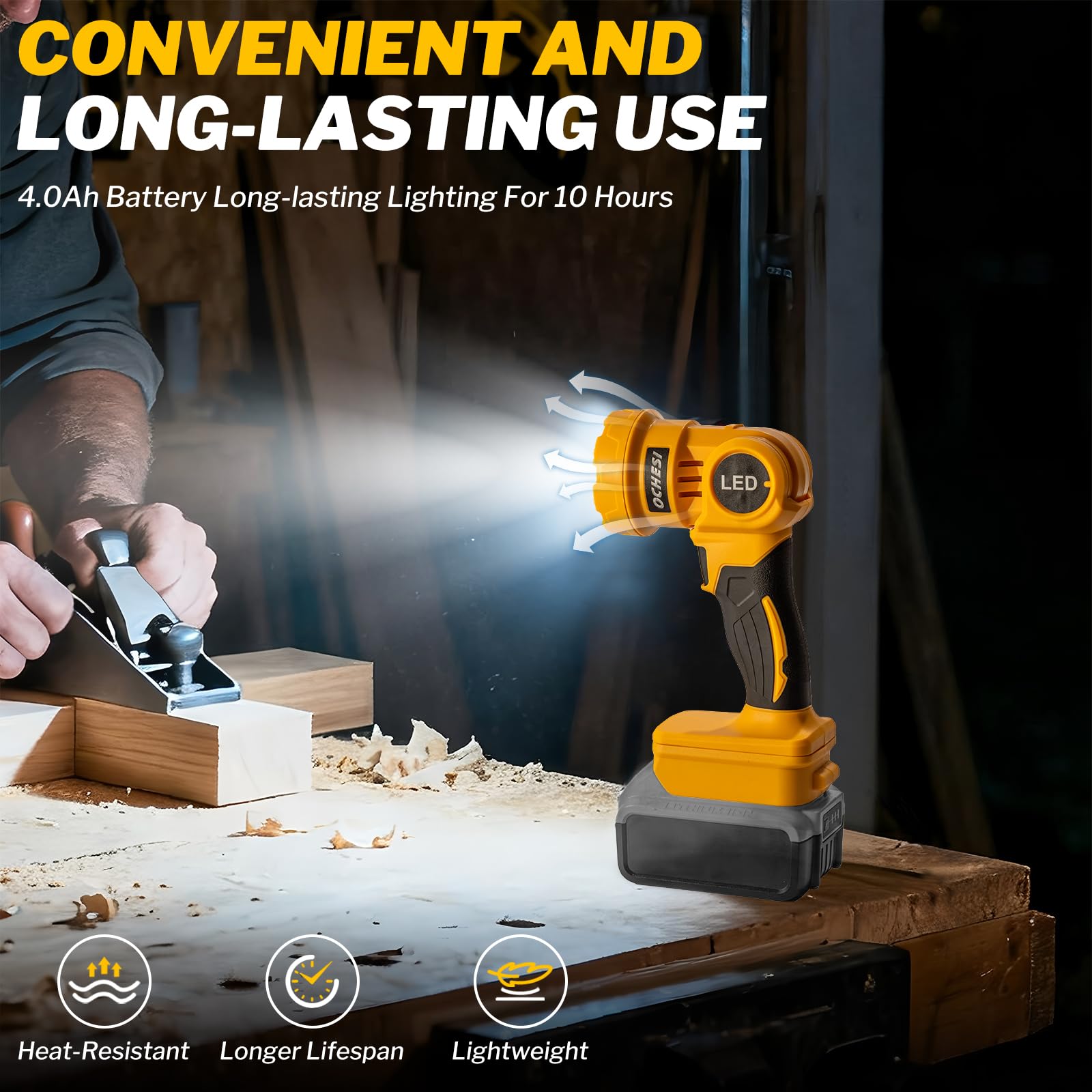 OCHESI versatile handheld-to-area light for flexible workspace illumination.