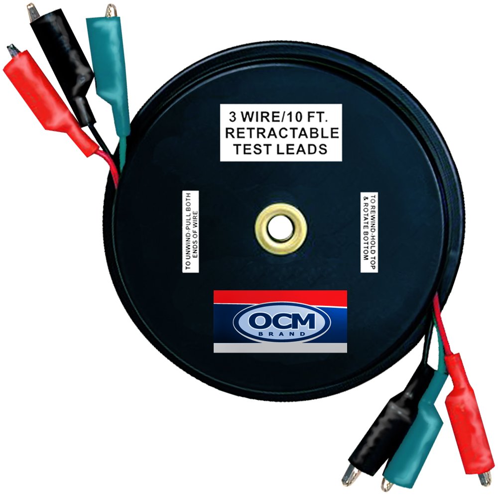 OCM Brand 3-wire retractable test leads with 10 ft reach and color-coded wires for efficient testing