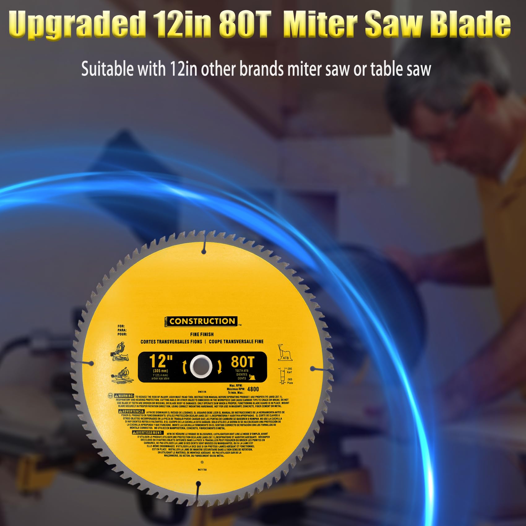 OEM Home 12-inch 80T blade on a 1-inch arbor for precise hardwood cuts.