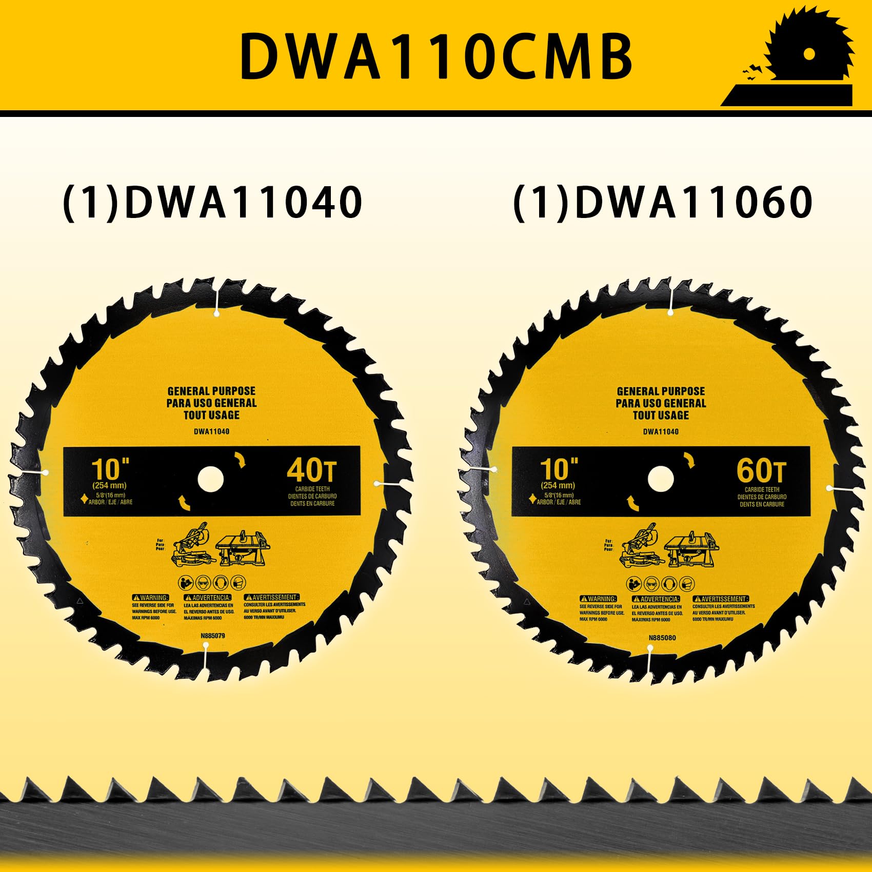 OEM Home 2-pack 10in blades teeth closeup highlights carbide durability and sharp edges.