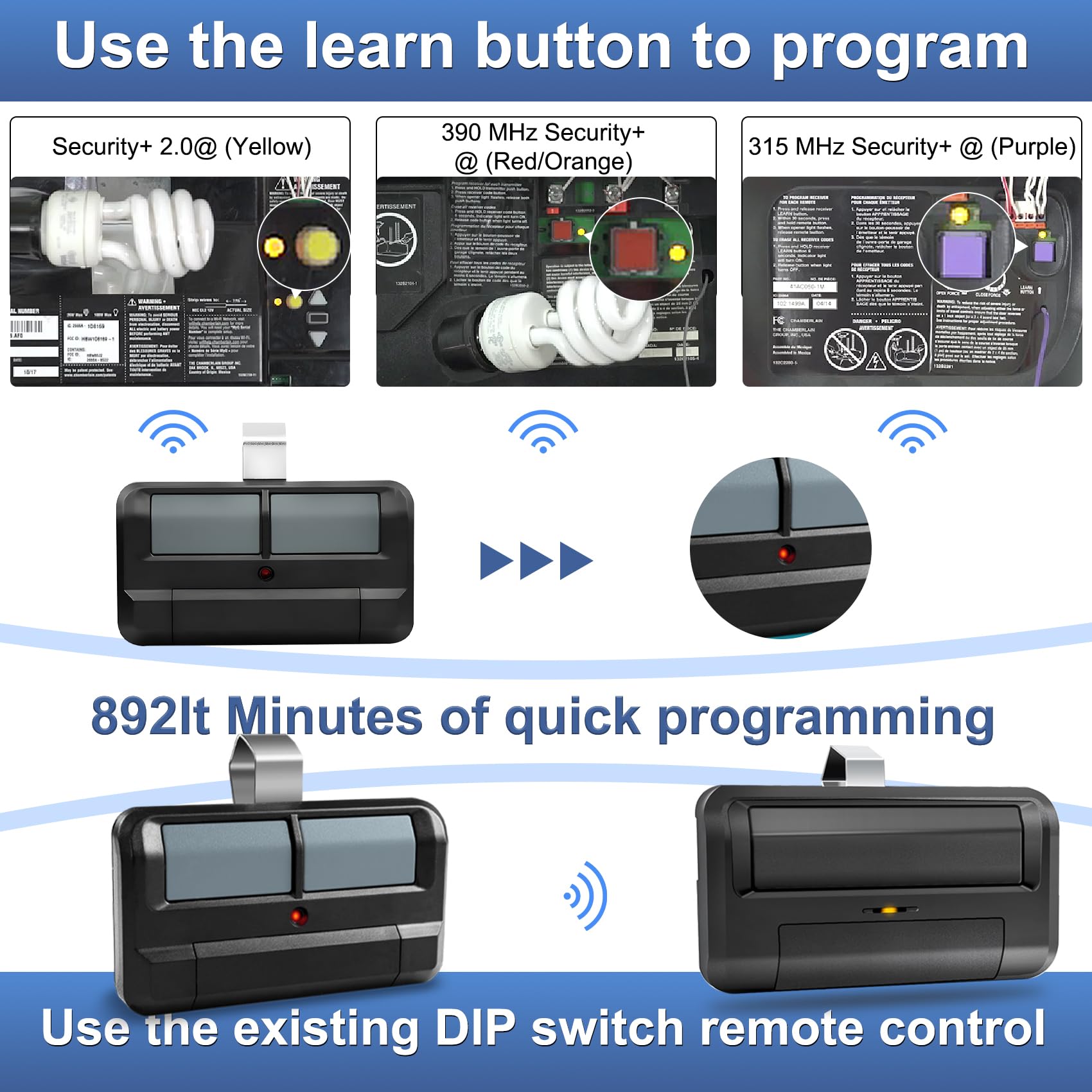 Compatibility guide image shows LiftMaster/Chamberlain learn button compatibility