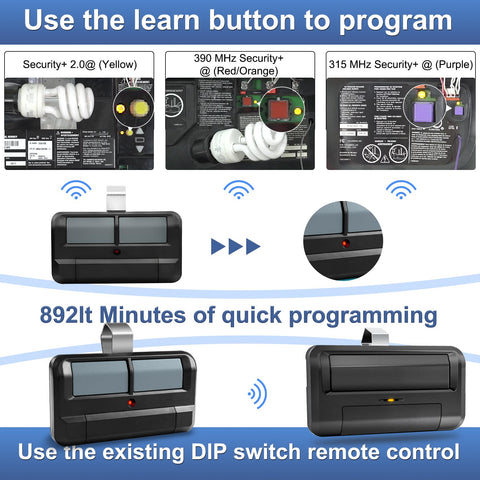 Compatibility guide image shows LiftMaster/Chamberlain learn button compatibility