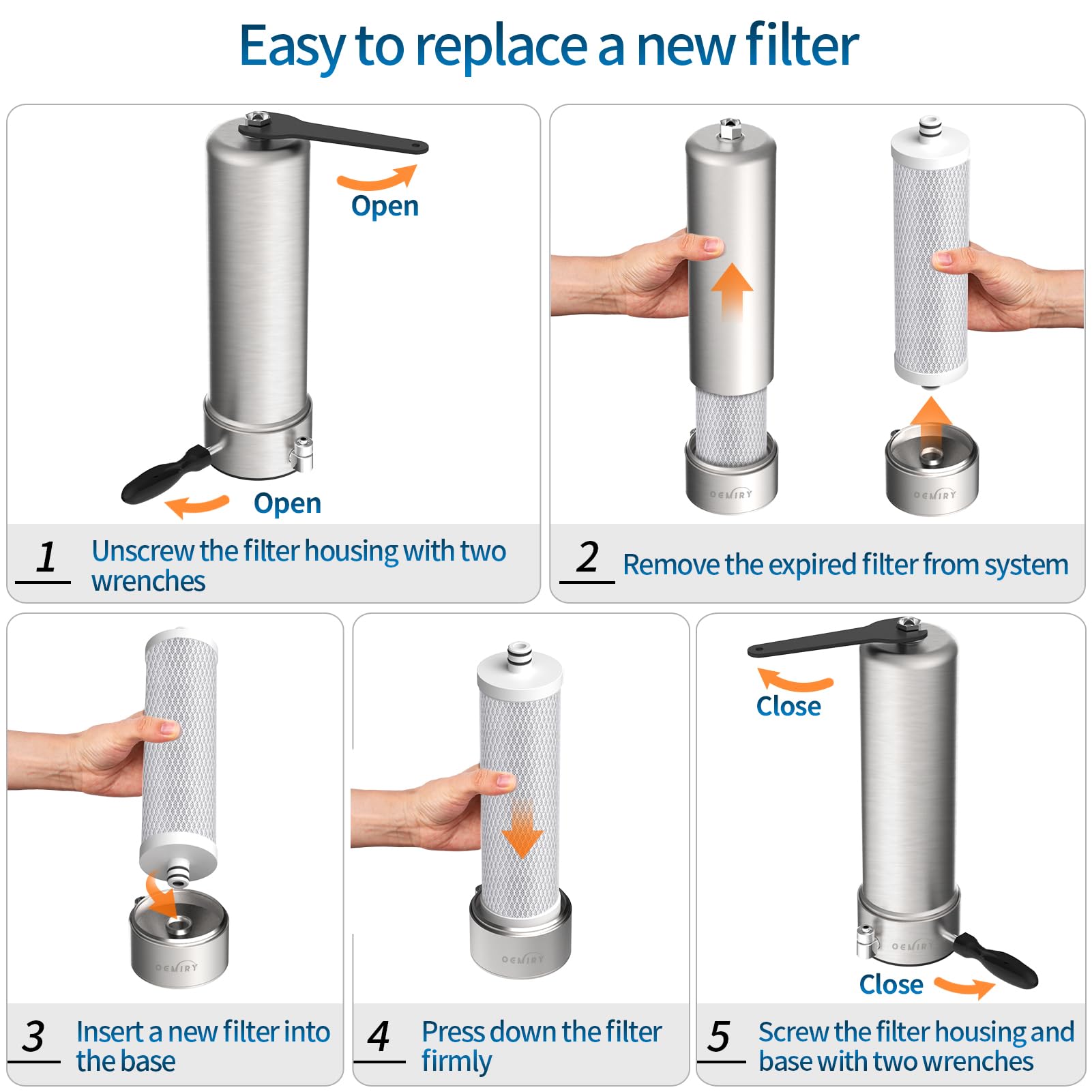 OEMIRY replacement filter installation steps image showing quick replacement