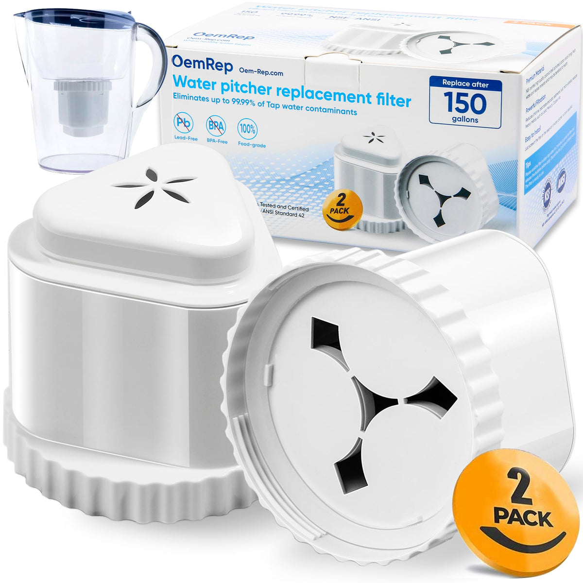 OemRep Epic pitcher filter 2-pack boosts taste with coconut carbon filtration.
