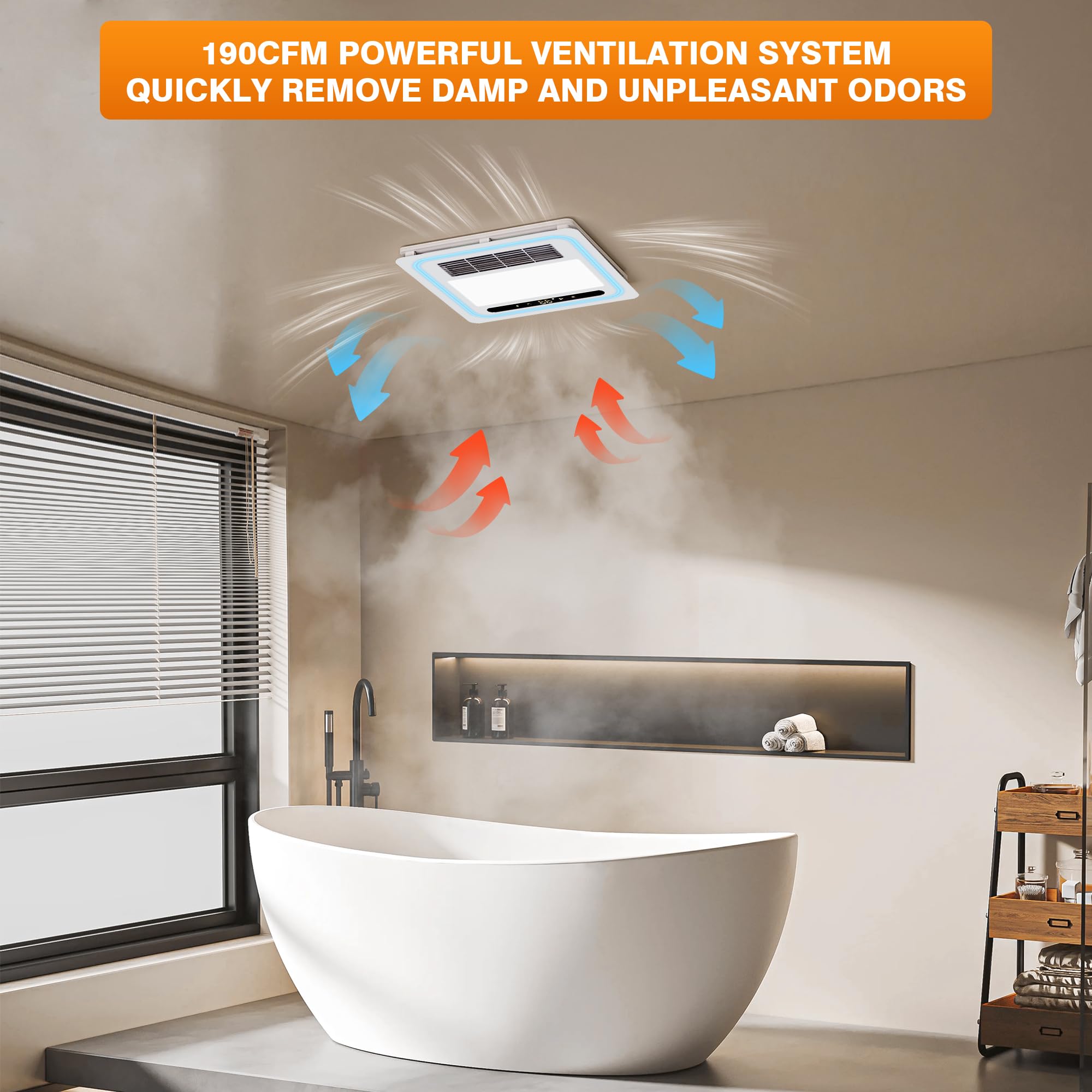 Oeukas 190 CFM airflow image showing strong venting after showers helps reduce steam.