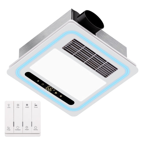 Oeukas 4-in-1 bathroom fan with integrated light and heater for compact bathrooms.