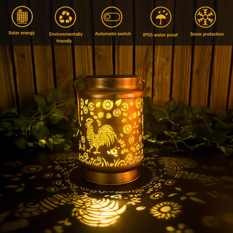 OFEWPAGA solar lantern at night shows chicken silhouette with soft glow.