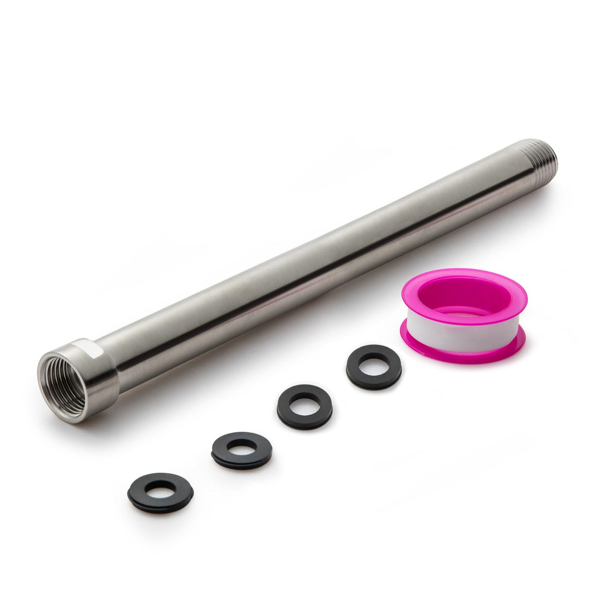 OFFO brushed nickel 10in shower arm front view with premium finish.