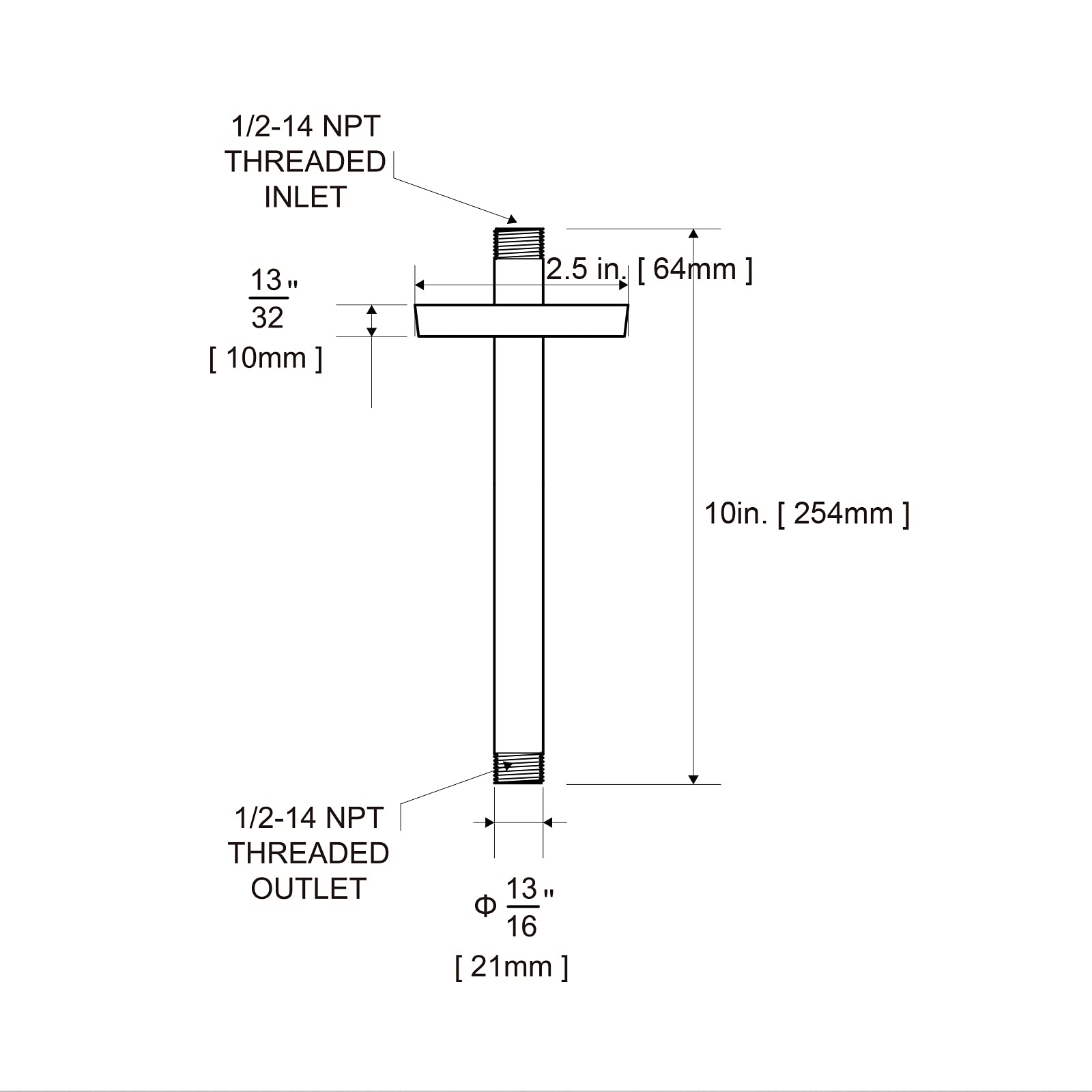 OFFO 1/2-14 NPT inlet connection fits standard shower pipes.