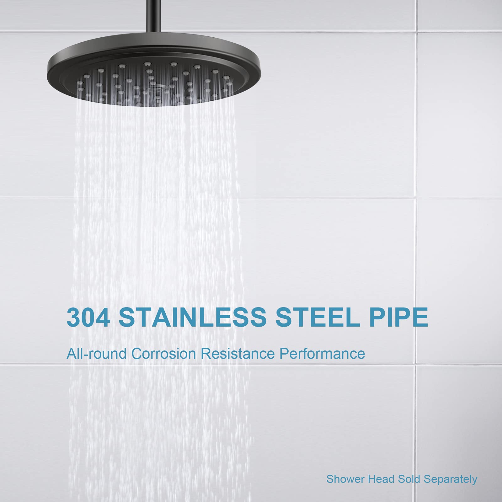 OFFO rain shower head straight arm provides consistent rain-like flow.