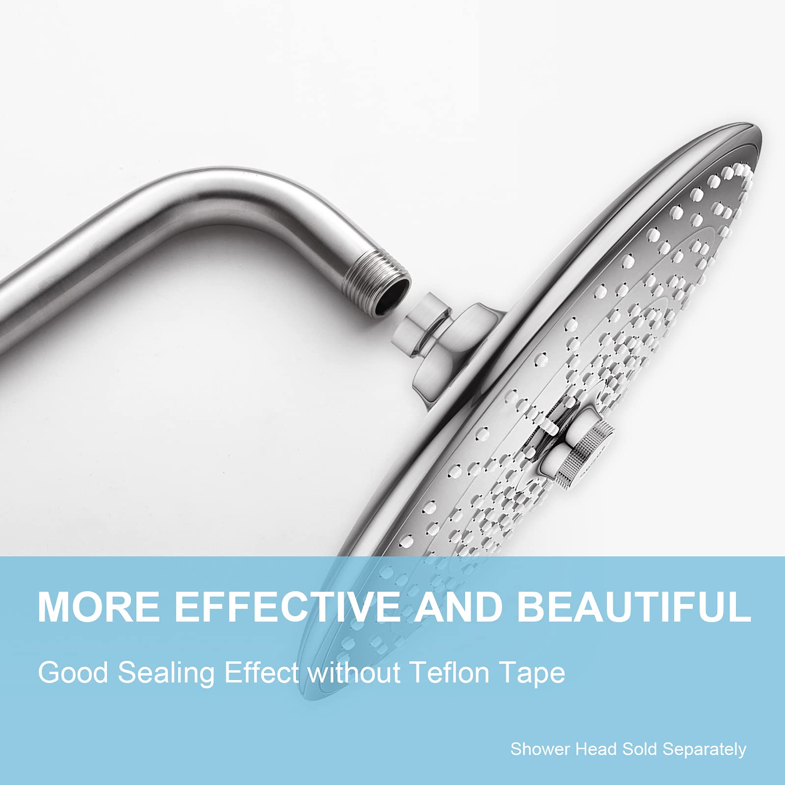 OFFO shower arm close-up shows durable 304 stainless steel construction