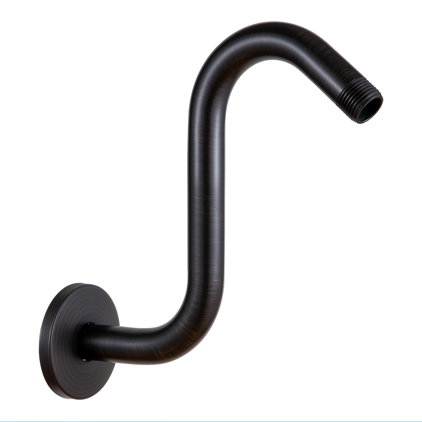 OFFO shower arm in ORB finish gooseneck for a tall, immersive shower.