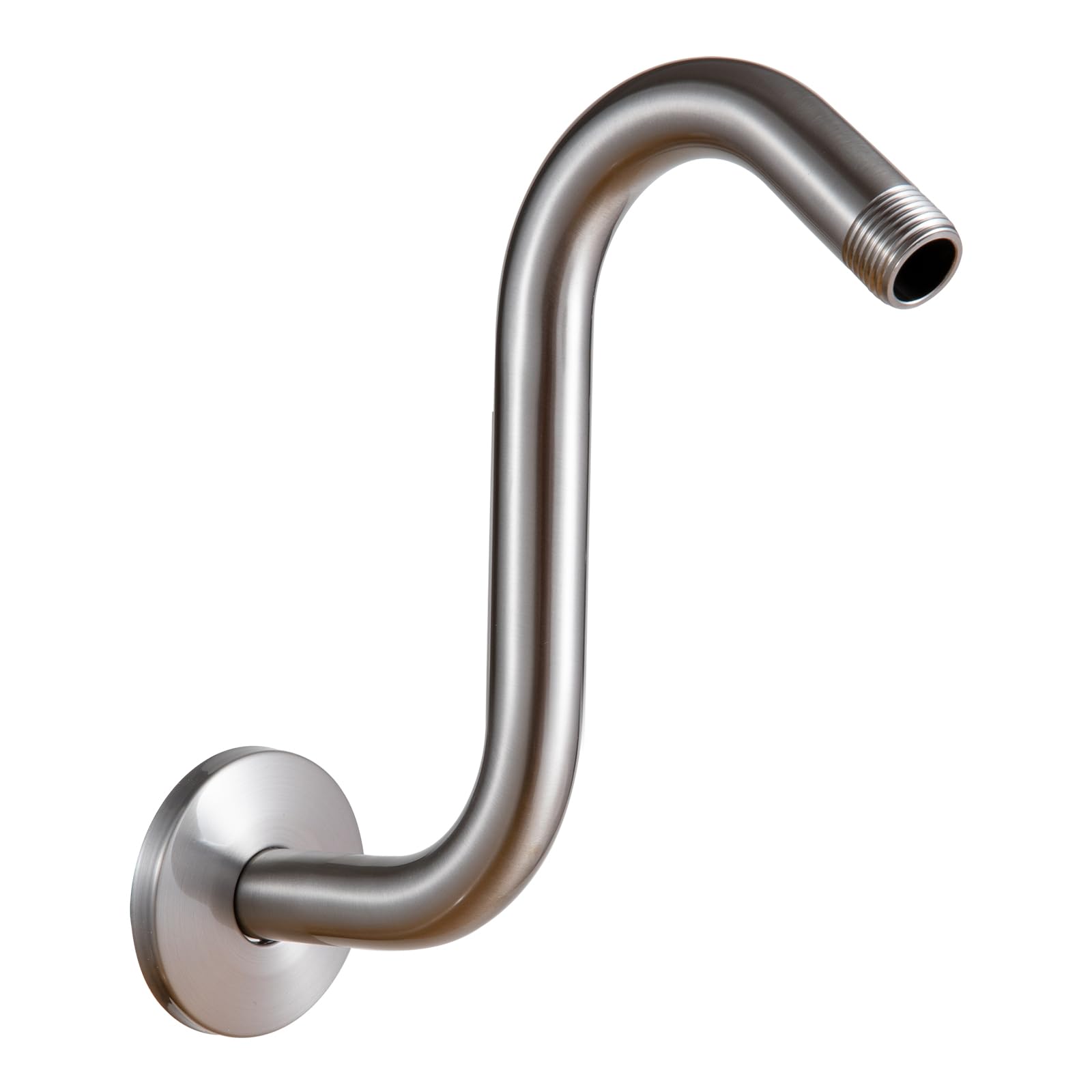 OFFO shower head extension arm in brushed nickel with high rise for fuller rainfall