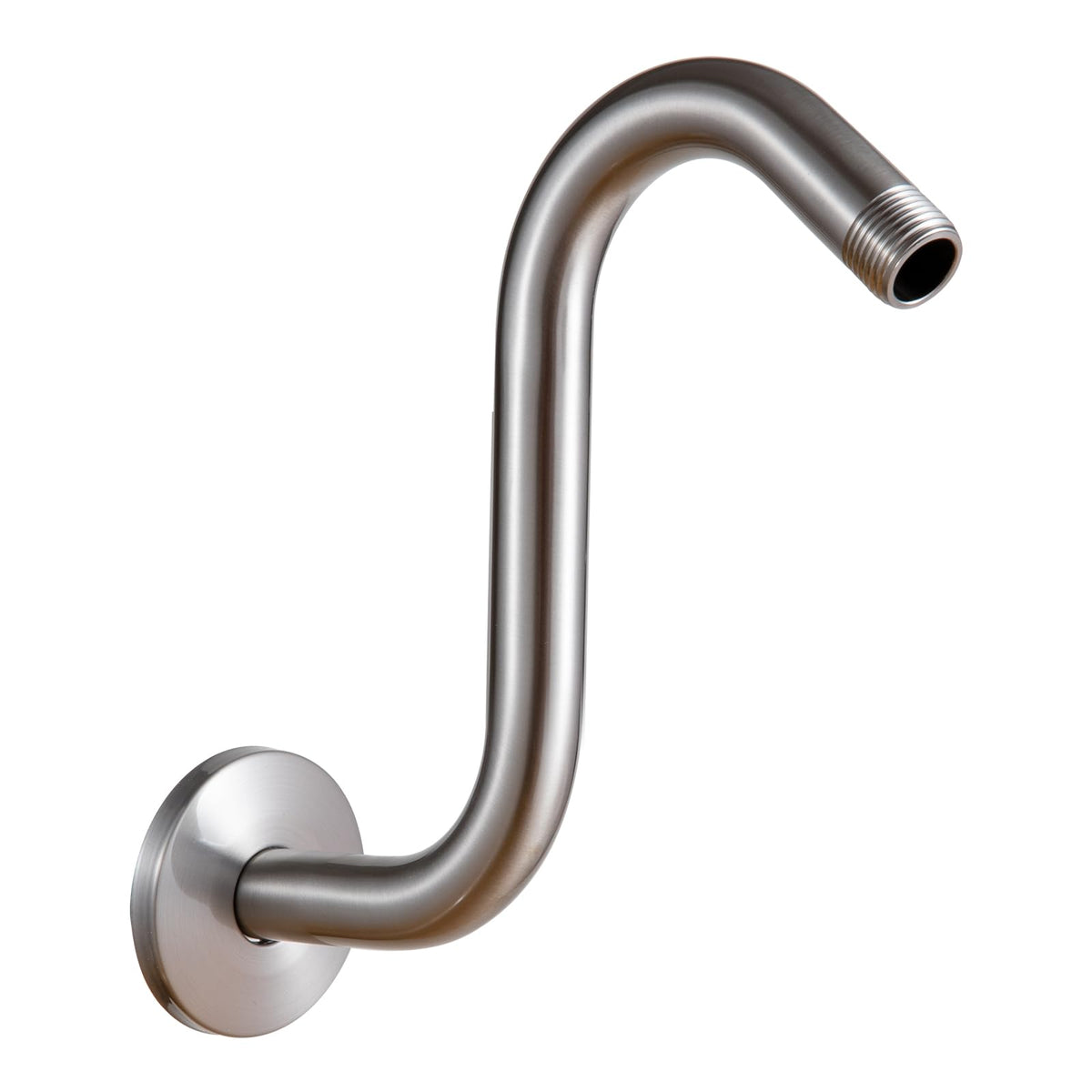 OFFO shower head extension arm in brushed nickel with high rise for fuller rainfall