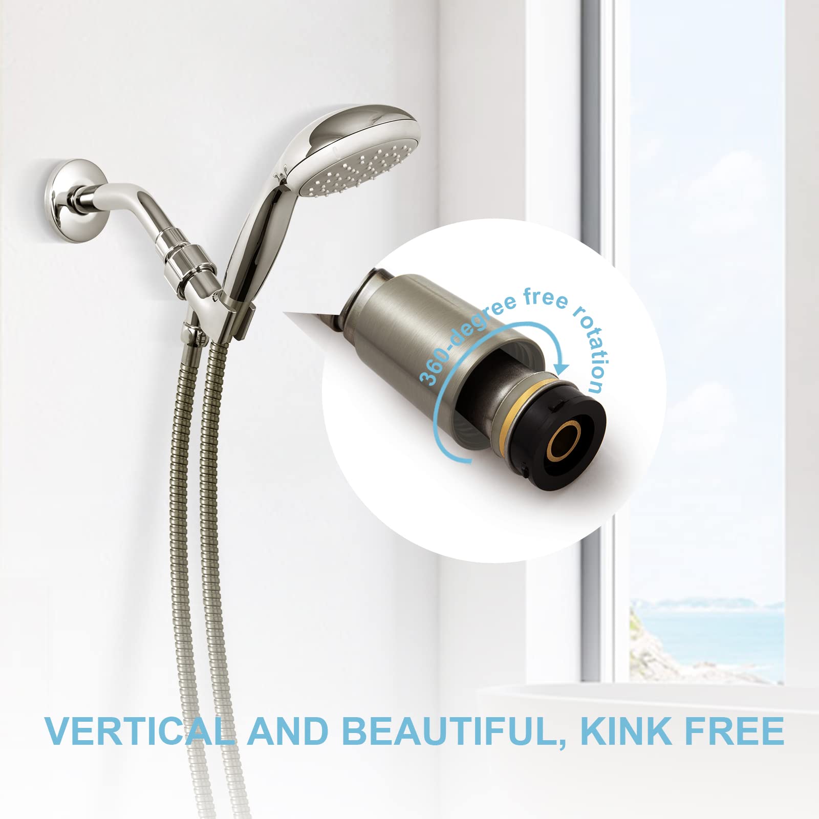OFFO shower hose stainless-steel outer tube close-up showing durability and flexibility.