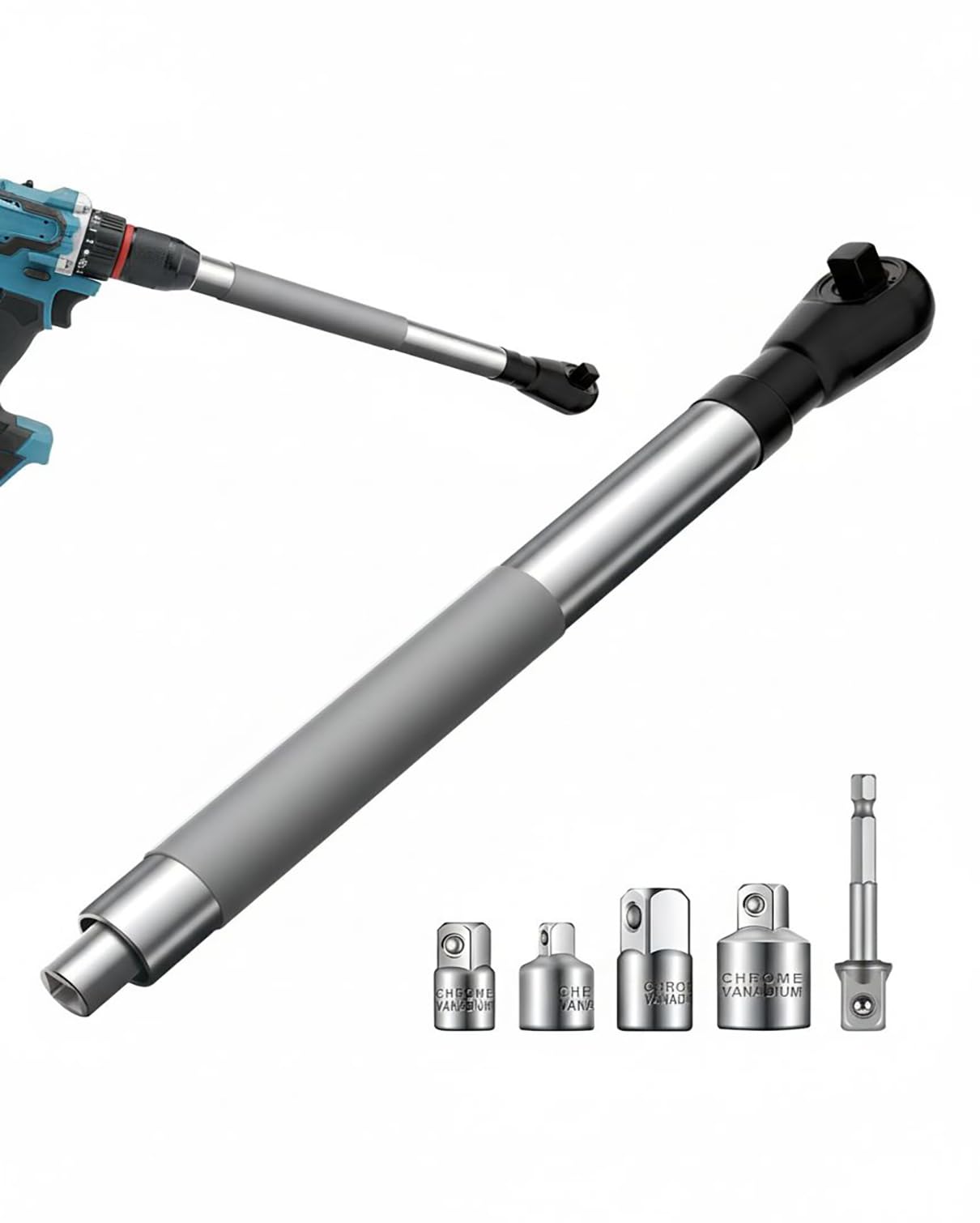Offset Extension Wrench Impact with 1/2 inch right angle connector for tight spaces.