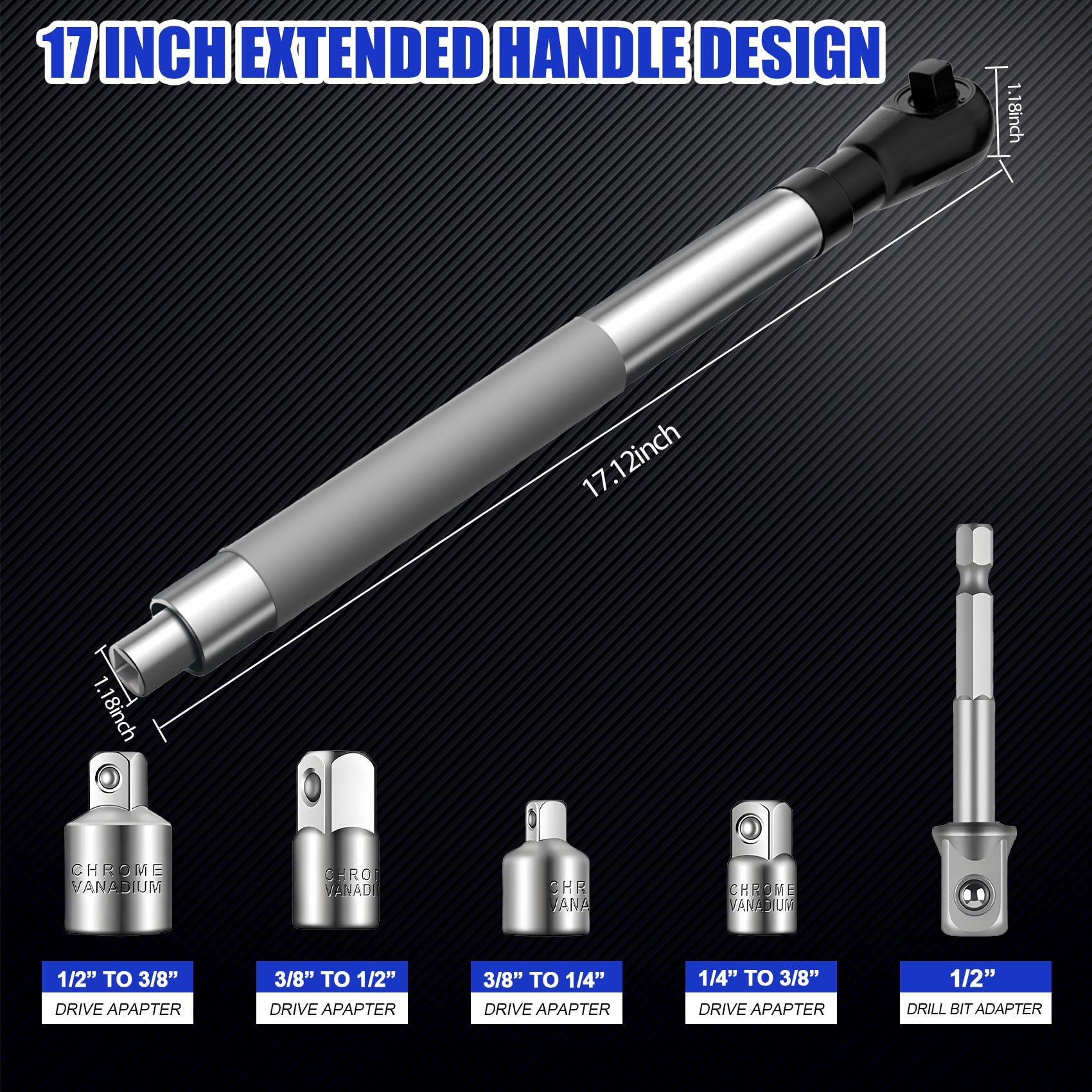 1/2 inch Offset Extension Wrench Impact in-use with adapters for socket versatility