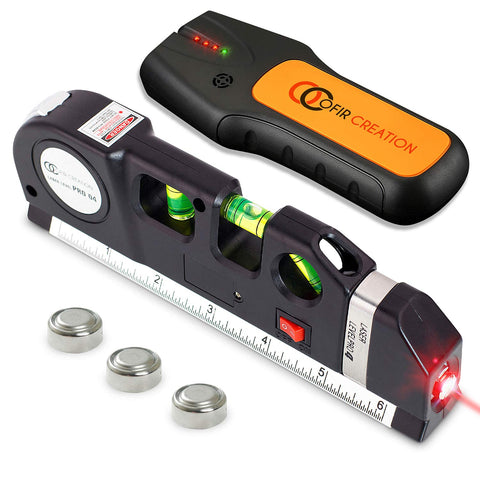 OFIRCREATION stud finder with laser level lines for precise wall alignment while hanging frames.