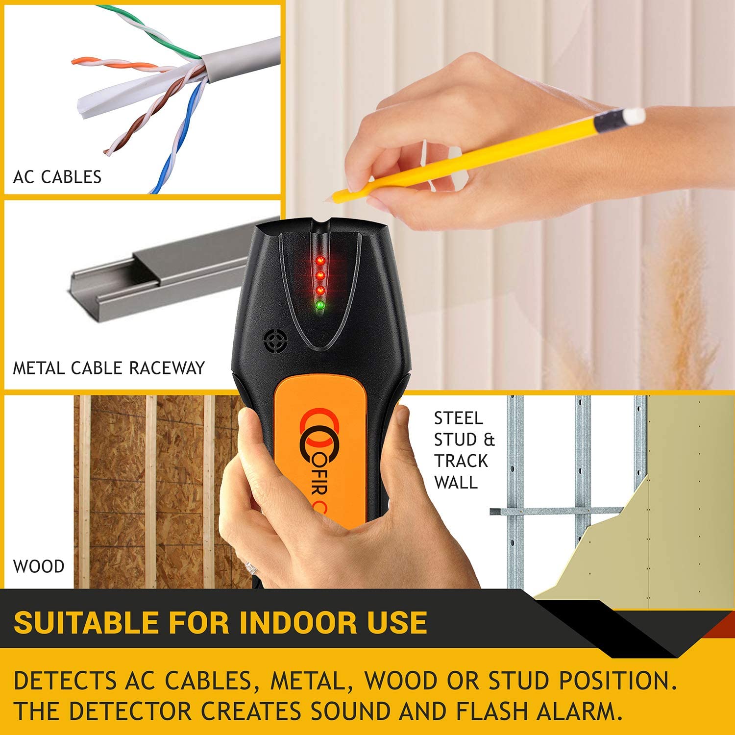 OFIRCREATION wood detector locates studs behind drywall before drilling.